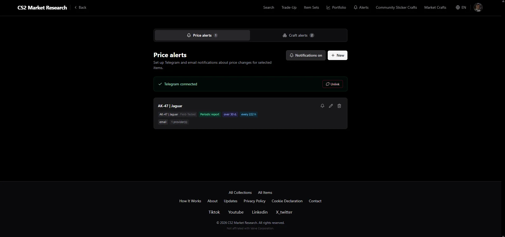 screenshot: price alerts with Telegram and email notifications