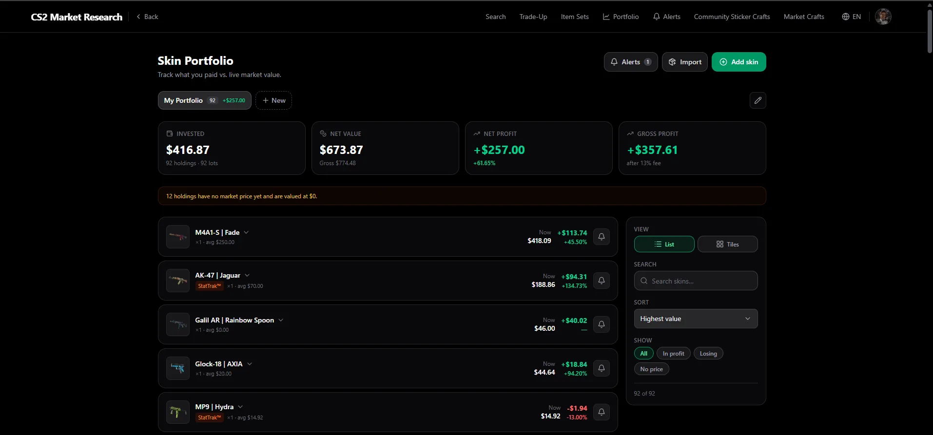 screenshot: skin portfolio tracker with profit overview